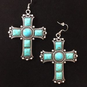 NEW!! JR Blue & Silver Plated Cross Earrings